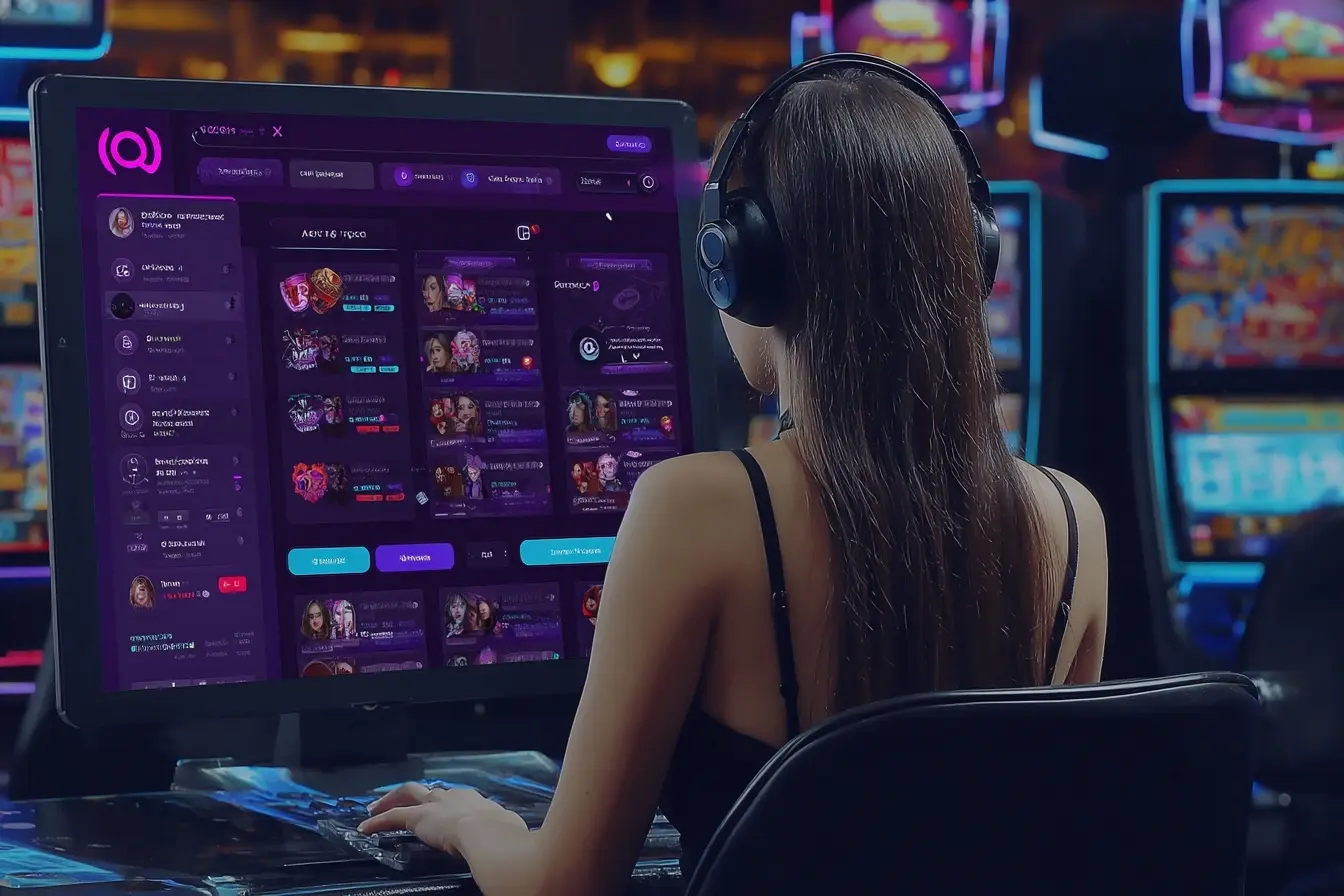 Una jugadora con auriculares sigue su cuenta de Betfun en la pantalla grande